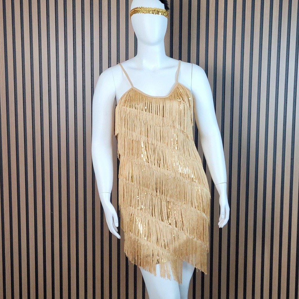 Flapper Dress Gatsby Fringe Sequin Gold Sleeveless Mini Large